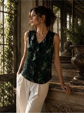Elie Tahari Nordstrom Green Floral Satin Ruffle Shell Top Silk Blend S